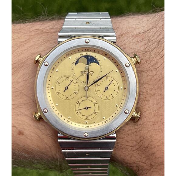 Vtg 7a48-7010 Seiko Chronograph Rare Orig. Bracelet Chrono Repair Moon Phase JDM - Picture 3 of 12